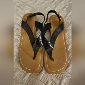 iris Black Croc-Embossed Thong Sandals with Tan Footbed